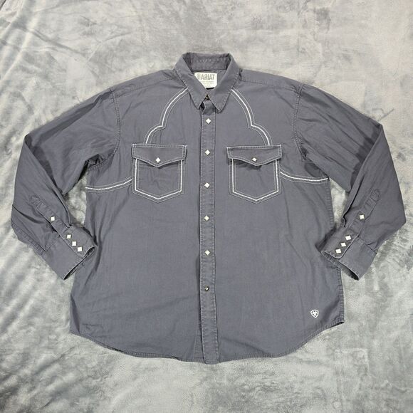 Ariat Shirt Men XL Gray Diamond Pearl Snap Western Flap Pocket Rockabilly Cotton - Picture 2 of 10